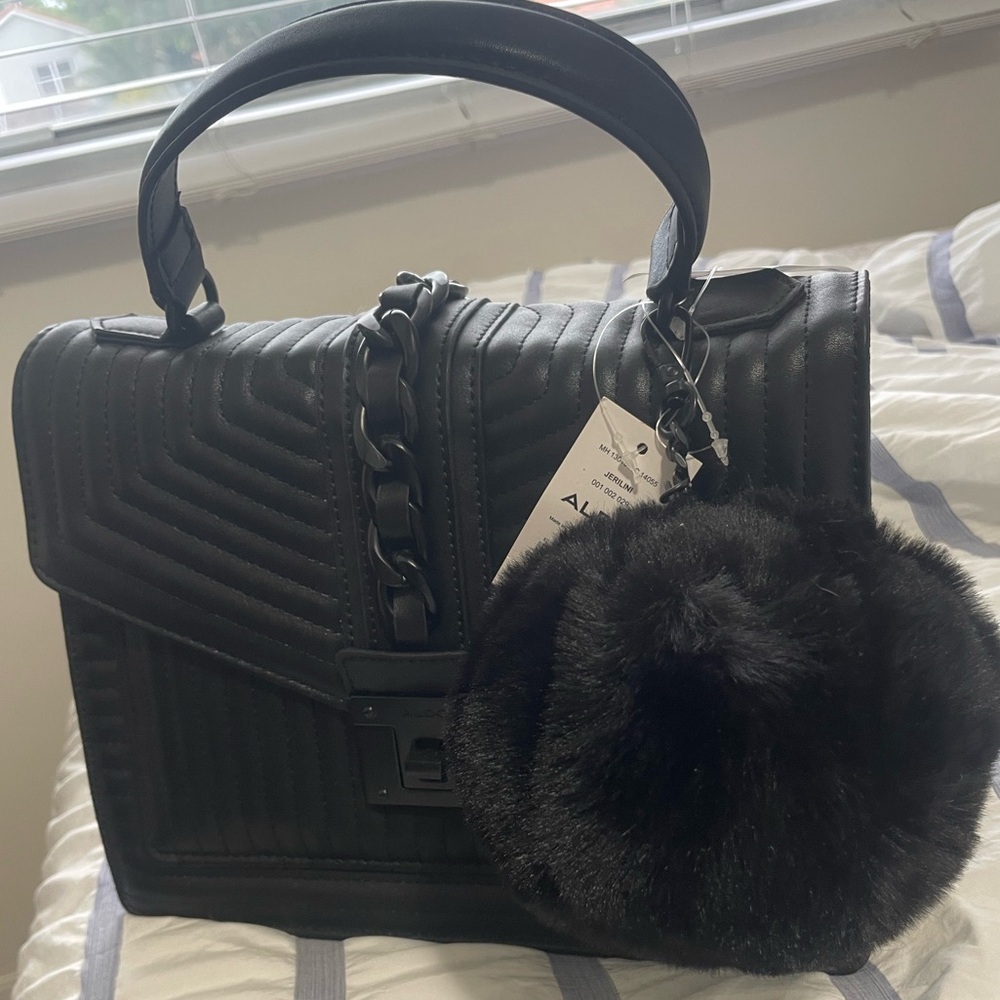 Aldo Black Quilted Satchel with Pom Pom